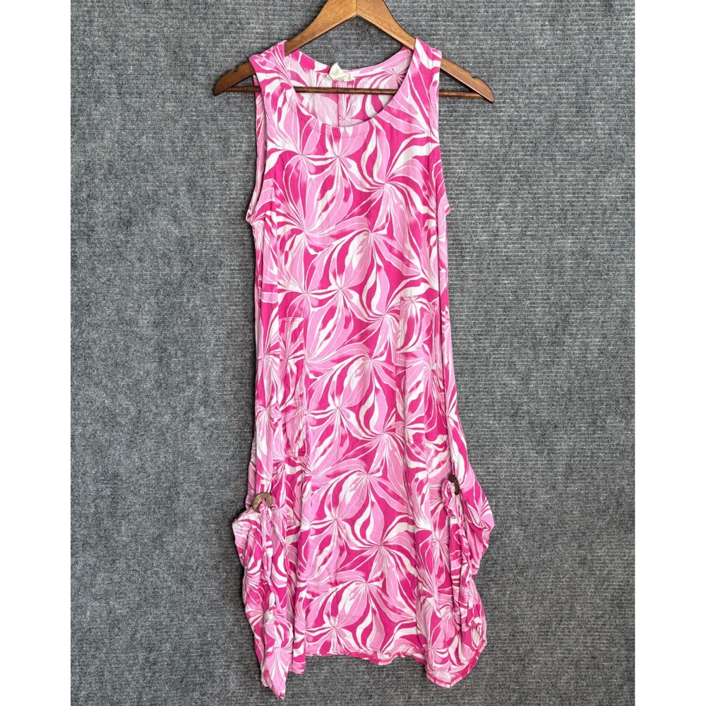Water Lily Pink White Abstract Floral Lagenlook Midi Dress Sleeveless Medium